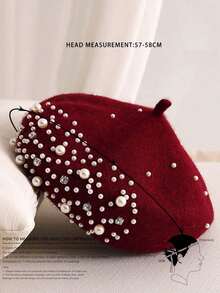 1pc Wine Red Beret Hat Y2k Style Faux Pearl Rhinestone Decor Outdoor Winter Warm Cold-Proof Beanie Suitable For Daily Commute - 酒紅色 - 查看 4