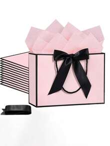 10个粉色牛皮纸礼品袋,带蝴蝶结丝带,带提手,横款纸质礼品袋,适用于婚礼感谢伴娘、男女通用,也可用于生日、婚礼、伴娘派对回礼、购物零售礼品袋 - 彩色 - 查看 2