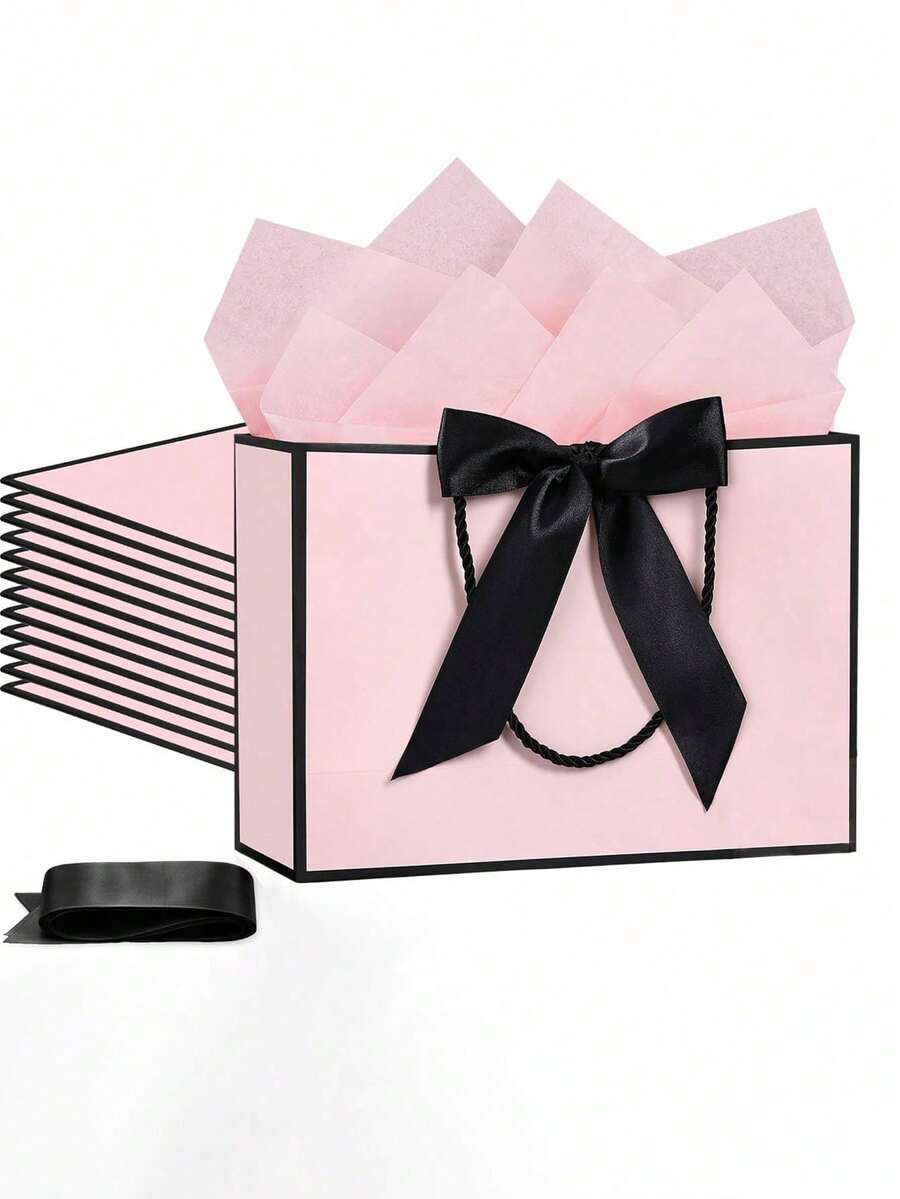 10个粉色牛皮纸礼品袋，带蝴蝶结丝带，带提手，横款纸质礼品袋，适用于婚礼感谢伴娘、男女通用，也可用于生日、婚礼、伴娘派对回礼、购物零售礼品袋