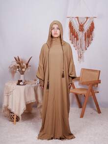 Women's Hooded Prayer Dress Long Sleeve Regular Sleeve Long Length Tassel Detail Woven Fabric Non-Stretch - Camel - View 4