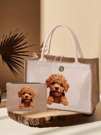 Cute Curly Dog Pattern Handbag, Zippered Makeup Bag, Large Capacity Women's Portable Zippered Wallet, Fashionable Travel Hygiene Bag, Lunch Box Bag, Backpack, School Travel Beach Women's Day Multi Functional Bag, Reusable, Handheld Shopping Bag, Festival Gift Bag, Travel Storage Makeup Bag, Suitable For Dog Lovers' Festival Gifts, Birthday Gifts, Ramadan Gifts