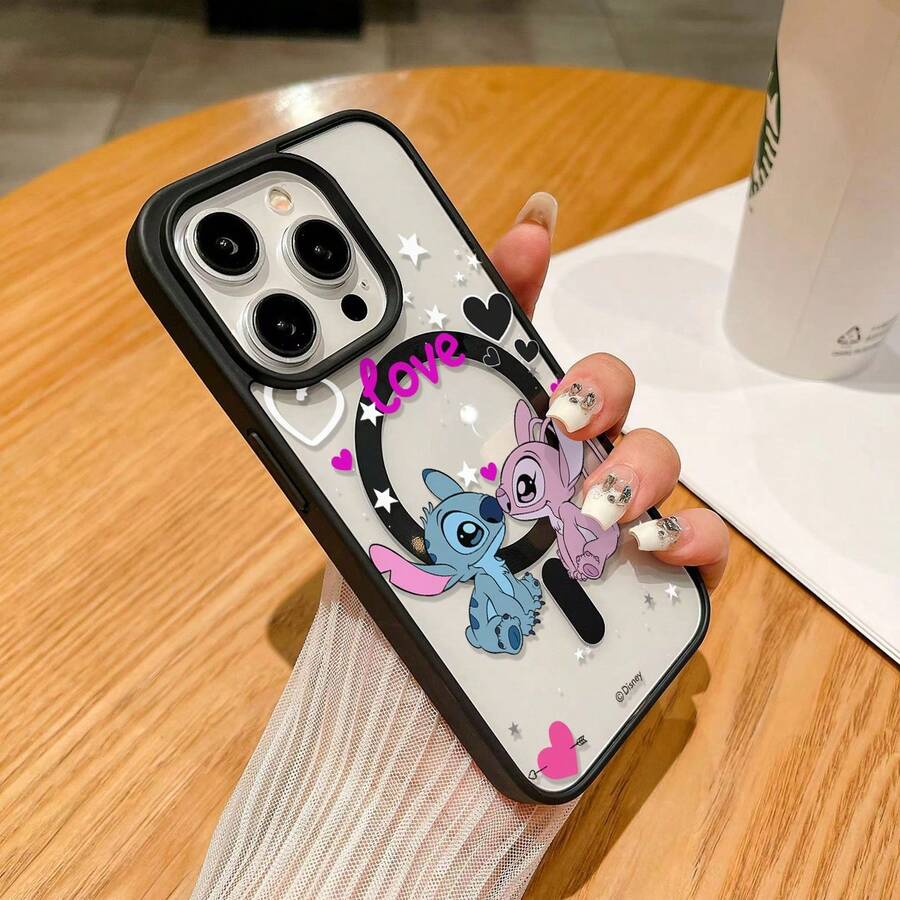 Miniso Disney Lilo & Stitch Phone Case, "Love" Themed Design With Stitch & Angel In Romantic Pose Transparent Magnetic Shockproof, For IPhone 17/17 Pro/17 Pro Max/17 Air/16/15/14/13/12/11/X Series,Iphone 17 Pro Max Case,Iphone 17 Pro Case,Iphone 17 Case,Stocking Stuffers,The Girlfriend,The Chosen,Early Fall Fashion - Black - View 1