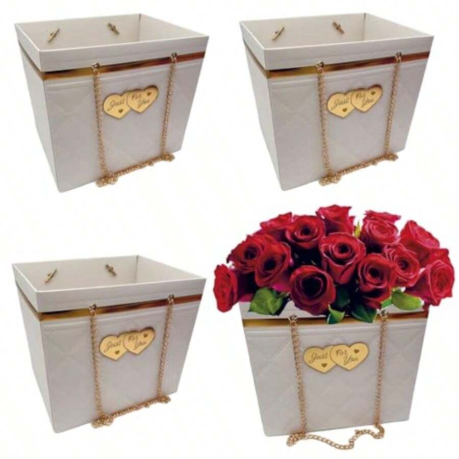 D4 Pcs White Flower Box Paper Bouquet Storage Bucket Hand Bag With Metal Chain Waterproof Florist Flower Boxes For Gifts Wrapping Plies - 白色 - 查看 1