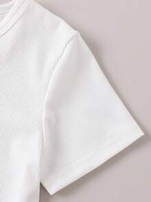Conjunto de 3 piezas para niñas preadolescentes: Blusa de manga corta acanalada + Chal a rayas con detalle de lazo + Pantalones anchos cómodos con estampado a rayas, diseño lavable a máquina, adecuado para uso casual en primavera, verano y otoño, fiestas y vacaciones - Rosa - Ver 5