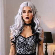 MULICCO Synthetic Curly Wig For Women – White & Black Ombre Long Wavy Wig With Braid Design | Heat Resistant | For Cosplay, Party, Daily Use - Đen và trắng - Xem 4