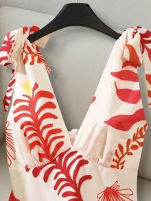 Tropical Plant Print Deep V-Neck Bow Tie Strap Sexy Beach Vacation Fitted Dress For Women - Apricot - View 7