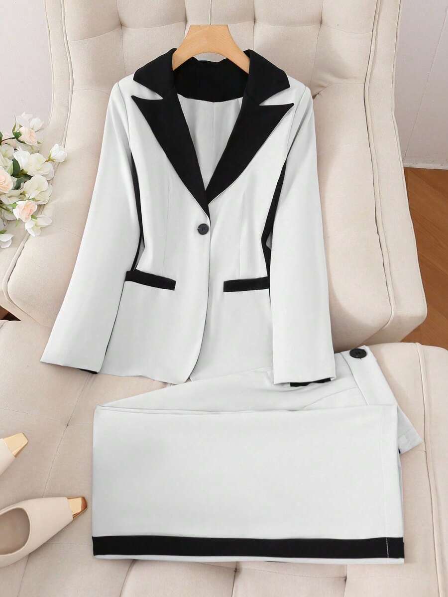 Solid Color Single Button Long Sleeve Single-Breasted Waistcoat Suit Pants Two-Piece Set - Black and White - View 1