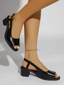 Women's Solid Black & White Mid-Heel Chunky Heel Commute Elegant Peep Toe Buckle Strap Sandals, Versatile For Party