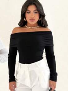 Women's Off-The-Shoulder Blouse With Long, Fitted Sleeves – Elegant, Classic, And Versatile. No Holidays. - màu đen - Xem 3