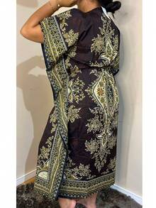 Long Kaftan Dress With Vibrant Colors And Print -  Fashion - Rust Brown - View 3