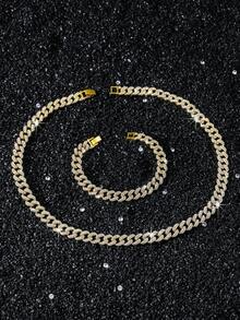1 Set 10mm Wide Men's Full Rhinestone Hip Hop Cuban Link Chain Necklace And Bracelet Set - A - View 1