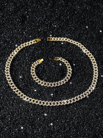 1 Bộ vòng cổ và vòng tay chuỗi mắt xích đính đá toàn bộ phong cách Hip Hop rộng 10mm dành cho nam