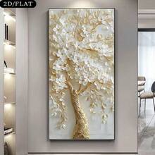 1pc Modern Minimalist Canvas Painting - Golden Tree With White Floral Branches, Frameless Contemporary Wall Art Poster For Living Room, Bedroom, Office - Elegant Home Decor Gift - Multicolor - View 1