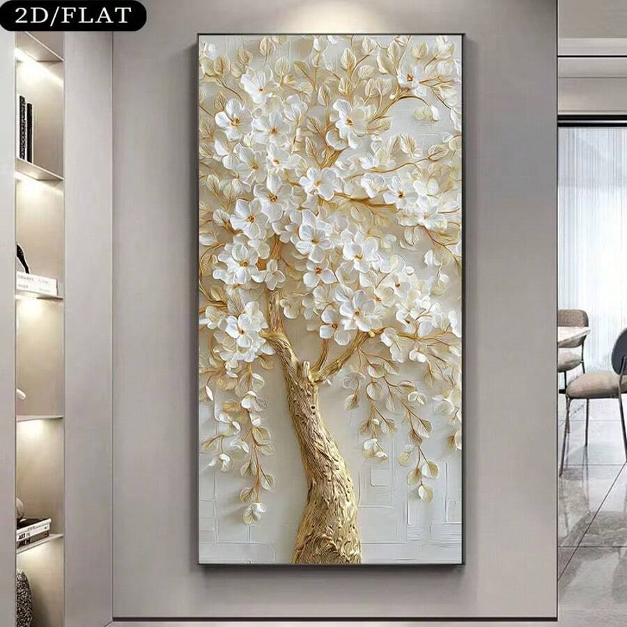1pc Modern Minimalist Canvas Painting - Golden Tree With White Floral Branches, Frameless Contemporary Wall Art Poster For Living Room, Bedroom, Office - Elegant Home Decor Gift - Multicolor - View 1