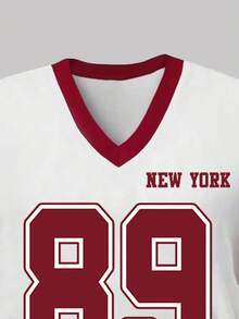 少女字母印花V领短袖T恤和阔腿裤休闲套装 - 白色 - 查看 3