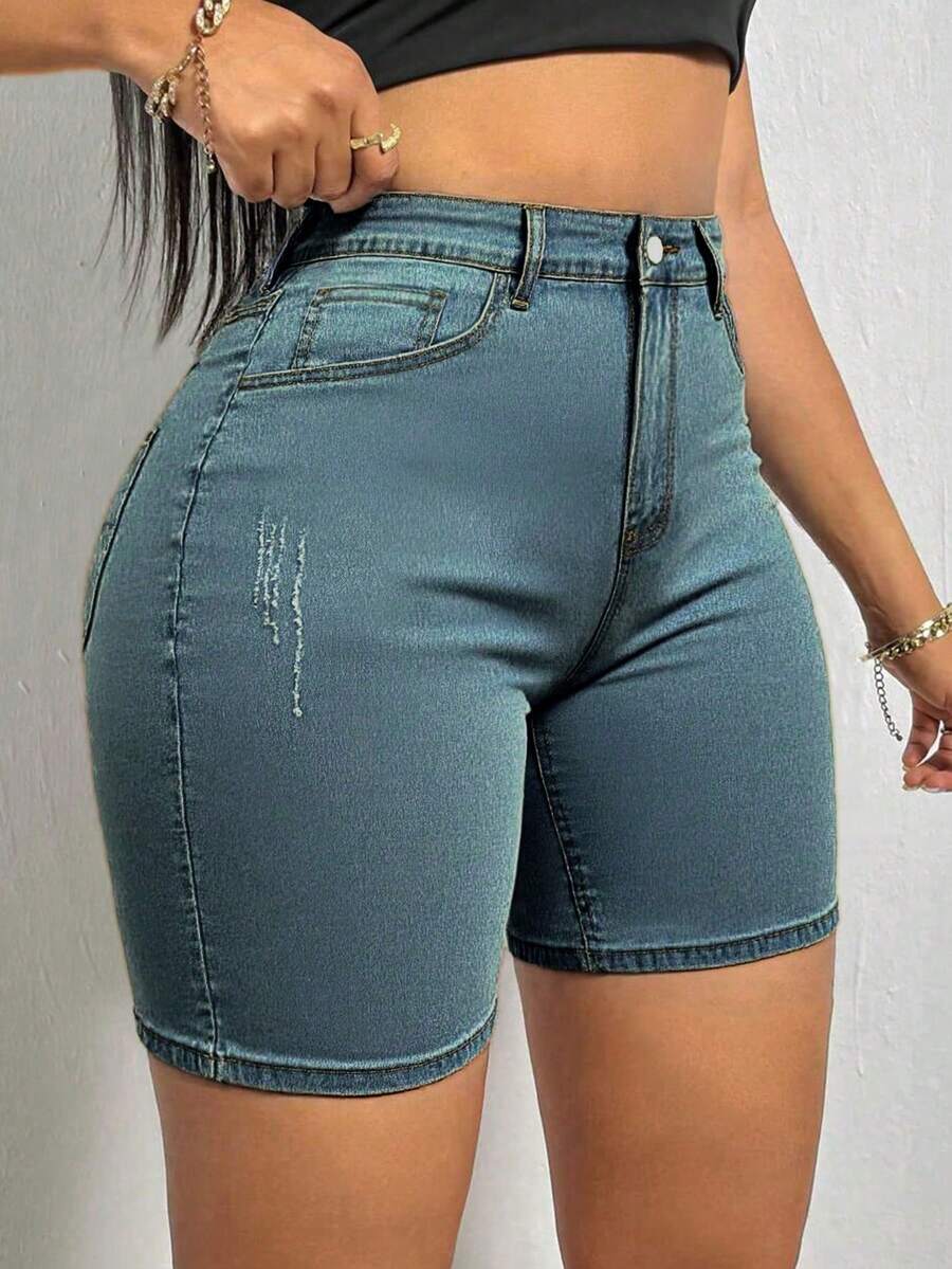 女款夏季休閒貓鬚裝飾彈性緊身牛仔短褲,適合曲線身材,度假海灘音樂會節慶牛仔風 - 藏蓝色 - 查看 1
