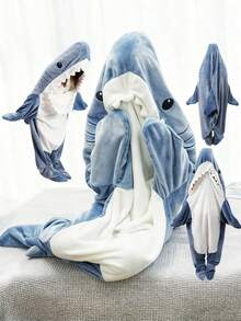 Shark Hooded Blanket, Soft & Cozy Wearable Shark Blanket For Adults And Kids - Hooded Shark Blanket, Plush Flannel Shark Sleeping Bag With Ruffle Collar, Shark Costume, Machine Washable, Nautical Theme, Wearable Shark Blanket Bathroom Decor - Multicolor - View 2