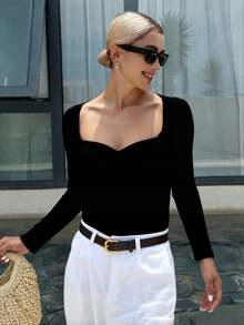 Livesso Women's Sweetheart Neck Long Sleeve Casual Solid T-Shirt, Spring/Summer,Fall Women Clothes - Black - View 4