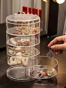 1 pieza Caja de almacenamiento giratoria de 360° de 3/4/5 niveles, joyero, organizador de joyas, organizador de maquillaje de gran capacidad, estantería de almacenamiento multifuncional, bandeja de exhibición, bandeja de tocador, gabinete de almacenamiento transparente, decoración de sala de maquillaje - transparente - Ver 1