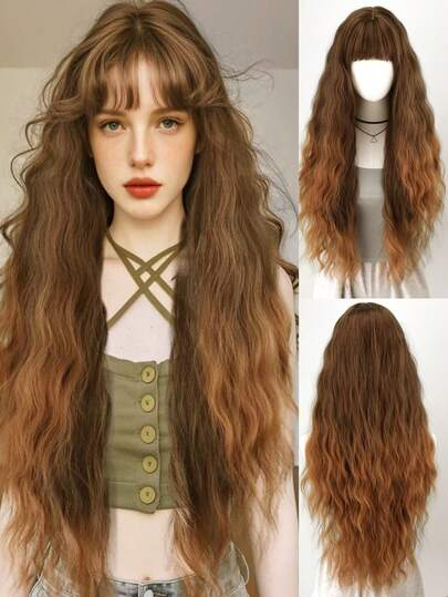 30 Inch Long Wavy Wig, Heat Resistant Synthetic Wig Suitable For Women From Brown To Blonde Hair Color With Bangs, Suitable For Daily, Party, Cosplay Use