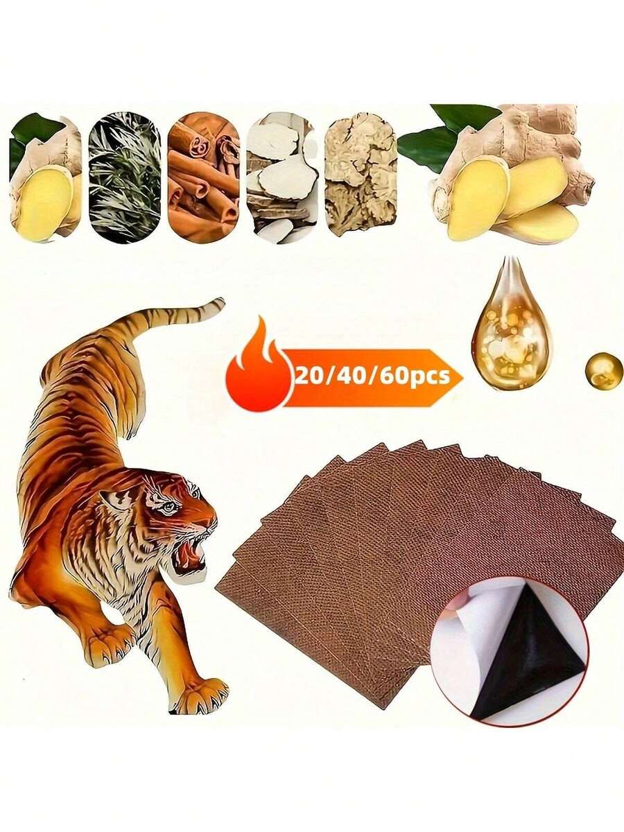 20/40/60pcs Natural Tiger Balm Patches, Chinese Herbal Hot Compress, Long-Lasting Super Strong, Non-Electric, Suitable For Back, Knee, Neck, Shoulder, Muscle And Joint Relief - Khaki - View 1