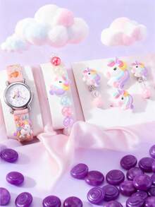 6件套儿童可爱3D兔子造型手表，阿拉伯数字表盘硅胶石英表+兔子手链套装，适合生日、万圣节、圣诞节礼物 - 粉色 - 查看 3