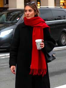 1pc 35*180cm High-Quality Elegant Solid Color Tassel Wool Scarf For Women, Casual Windproof Shawl Suitable For Daily Wear, Autumn/Winter,Beach,Holiday,Travel Essential - Red - View 4