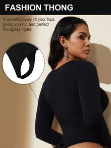 1件装女士无缝长袖圆领连体裤，丁字裤后背设计，平坦小腹，塑身连体裤，束腰带 - 黑色 - 查看 7