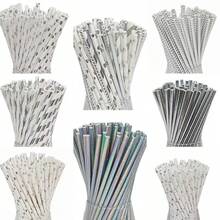 100pcs/25pcs Silver & White Disposable Paper Straws, Suitable For Wedding, Party, Bar, Beach And Other Occasions