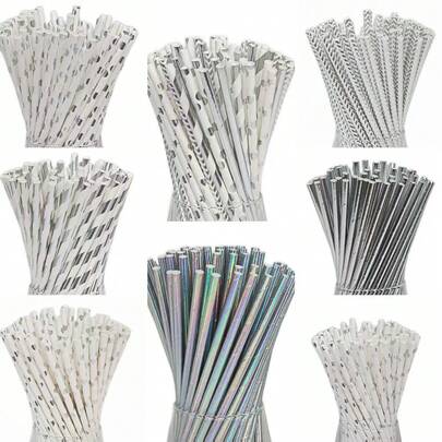 100pcs/25pcs Silver & White Disposable Paper Straws, Suitable For Wedding, Party, Bar, Beach And Other Occasions