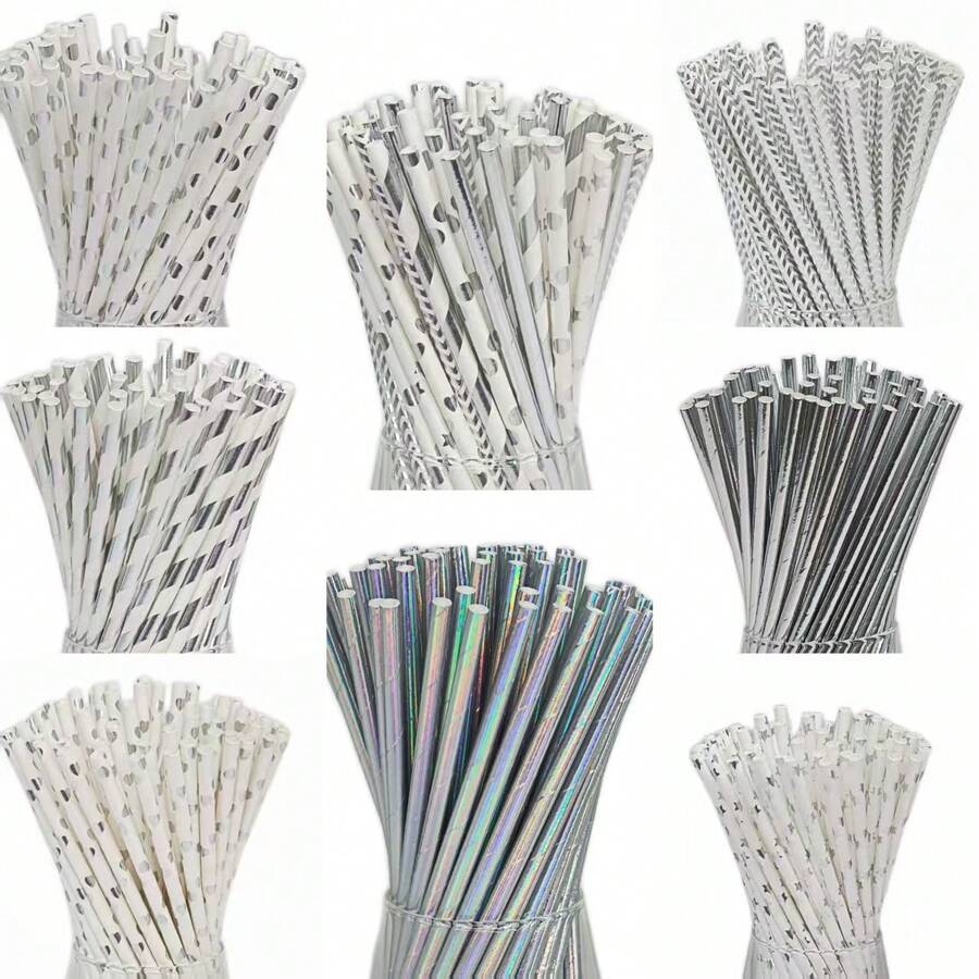 100pcs/25pcs Silver & White Disposable Paper Straws, Suitable For Wedding, Party, Bar, Beach And Other Occasions