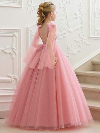 女童V领3D蝴蝶网纱优雅生日派对连衣裙，适合外出、派对、婚礼花童等场合，不含头饰