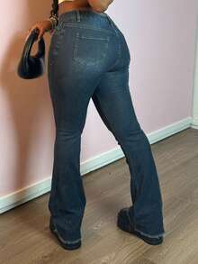 Chicsale Women's High Waisted Ripped Flared Jeans With Frayed Hem And Whiskering Distress Stylish Denim Pants For Fashionable Women Casual Wear Perfect For Everyday Outfits - Rửa tối - Xem 8