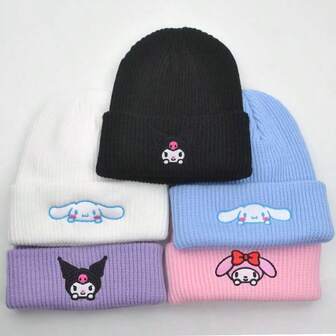  1pc Hello Kitty & Friends Embroidered Knit Beanie Hat, Sanrio Brand - Warm Winter, Cute Cartoon Embroidered Knit Hat, Kuromi Style, Sanrio Winter Warm Knit Hat, Women, Versatile & Washable, Great Christmas Gift, Party Decor