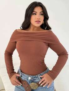 Women's Off-The-Shoulder Blouse With Long, Fitted Sleeves – Elegant, Classic, And Versatile. No Holidays. - 摩卡棕 - 查看 2