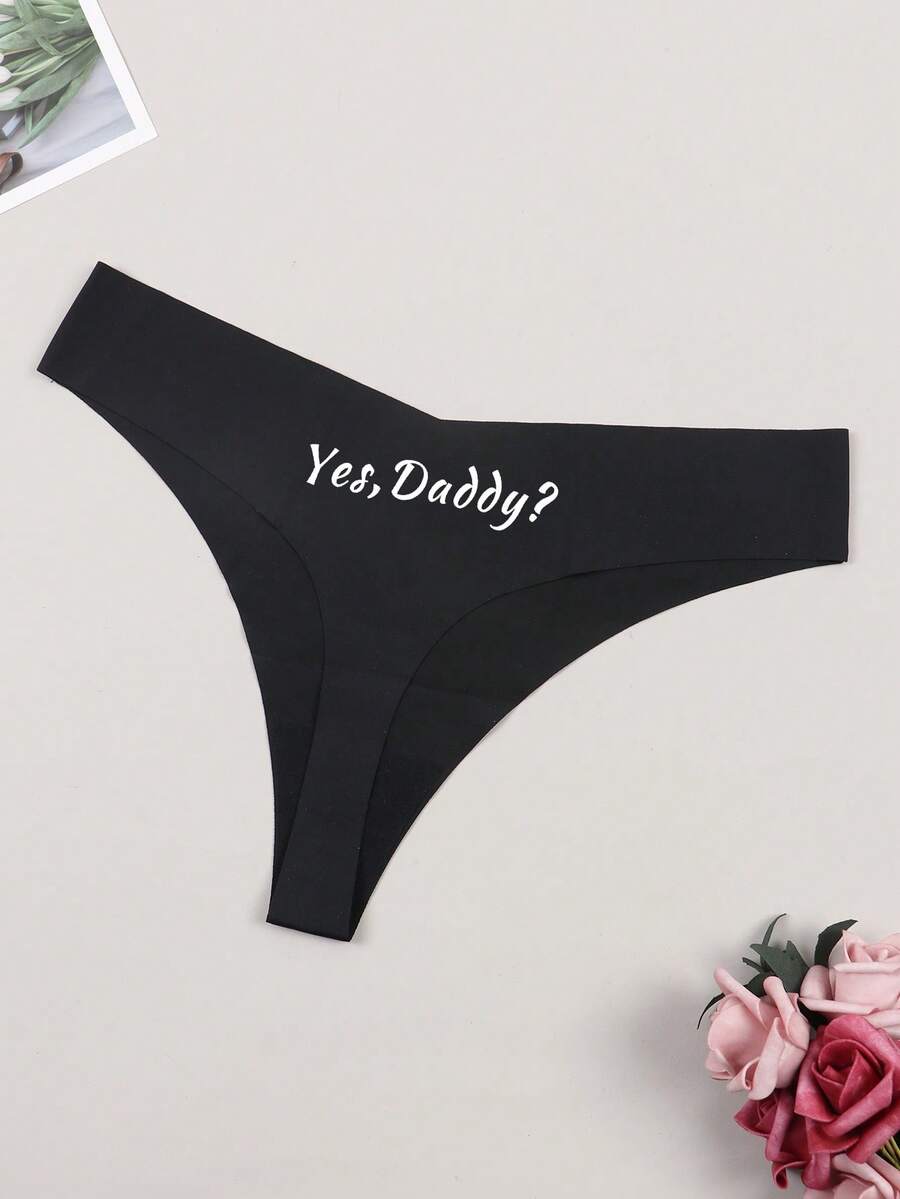Tangas de yoga para mujer con tela cómoda y suave, estampado de letras, sin costuras y ligeras, ropa interior para uso diario, negro - Negro - Ver 1