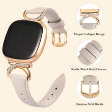 Women's Leather Watch Band For Fitbit Versa 4/Versa 3/Sense 2/Sense - Diamond C-Shaped Gold Buckle Design - Comfortable Sweat-Proof Slim Strap - Stylish Fashionable Multiple Colors - Fits 5.5-8.3 Inch Wrists,Perfect For Business/Dates/Weddings/Parties/Daily Wear - Ideal Women's Gift Premium Replacement Band Accessories - Starlight + Rose Gold - View 5
