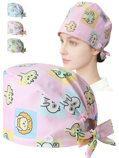 1pc Women's Cartoon Animal Print Medical/Nurse Cap - With Buttons On Sides For Easy Face Mask Wearing, Adjustable Elastic Back For Various Head Sizes, Suitable For Doctors, Nurses, Beauty Salons, Dental Clinics, Veterinary Hospitals And Other Medical Institutions