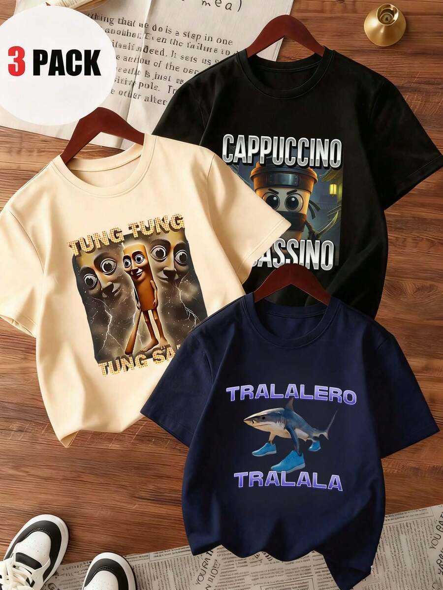 3pcs Tween Boys' "Italian Brainrot" Graphic Print Crew Neck Short Sleeve T-Shirts, Summer Tops - Apricot - View 1