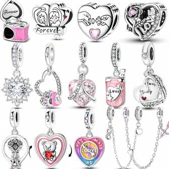 1 件银色表达爱意系列心形玫瑰熊戒指形串珠吊坠，适用于手链项链吊坠，可用于 DIY 首饰制作，情人节周年纪念礼物