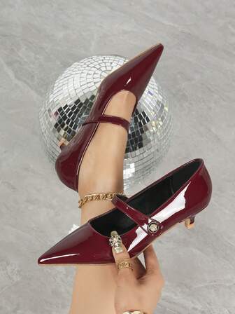 Women's Burgundy High Heel Pumps, Pointed Toe Buckle Dress Shoes, Work Shoes, Kitten Heels, Buckle Low Vamp Shoes