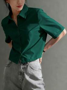 女士休闲交叉不对称纽扣衬衫 夏季 - 墨綠色 - 查看 5