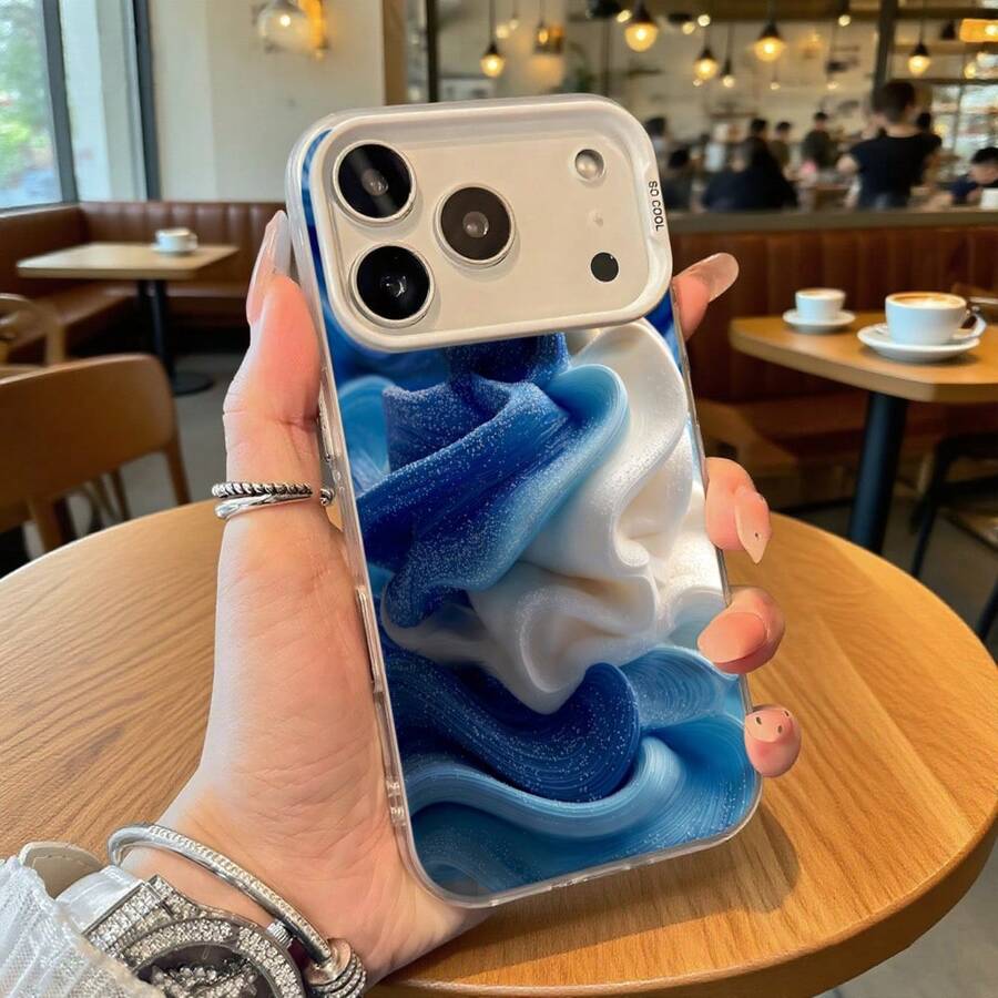 Funda de Teléfono Diseño de Onda Abstracta Azul y Blanca para iPhone 14 13 12 11 Pro Max y Galaxy S23 S22 S21 S20 Opción de Regalo Ideal para Todas las Estaciones - Plateado - Ver 1