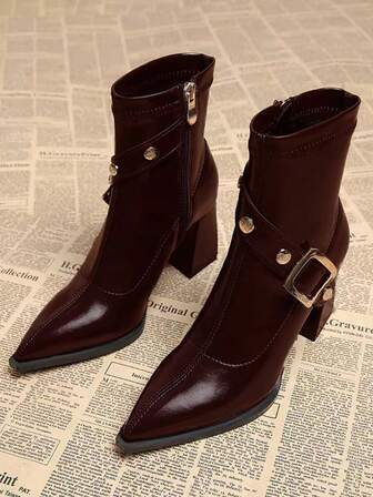 A Pair Of Wine Red Women High-Heeled Pointed Short Boots, Autumn And Winter New Fashion Party Boots, Women's Shoes