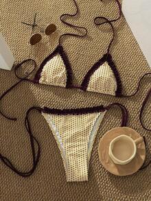 Women's Bikini Swimsuit, Cute Bohemian Style Printed Polka Dot & Striped Built-In Bra Swimwear, Suitable For Vacation, Beach, Pool And Casual Wear, Autumn/Winter, Valentine's Day, Christmas, New Year Party, And 2026 Spring/Summer Beach Outfit - Yellow-brown - View 2