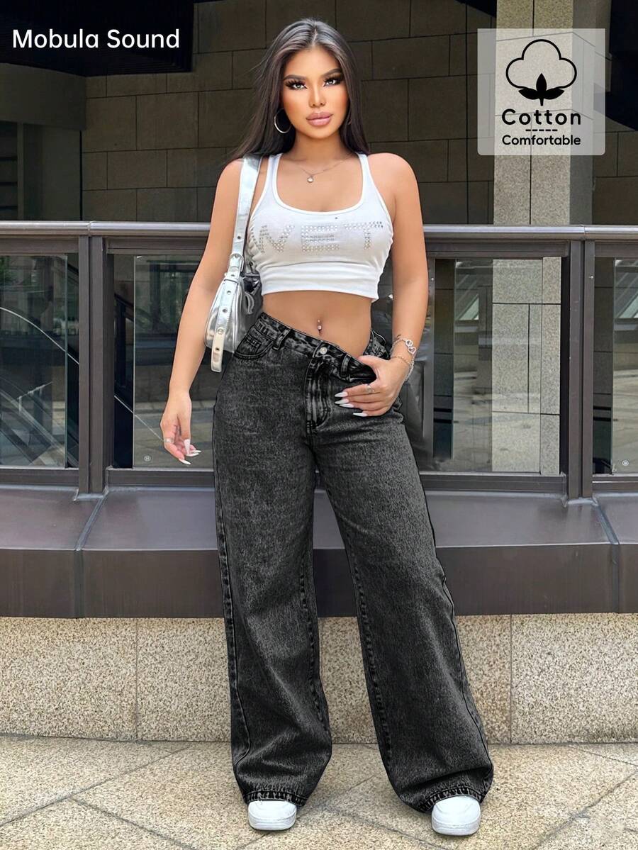 Mobula Sound Casual Straight Leg Jeans, Fashionable And Elegant For Women, Students, Suitable For Spring And Summer - Grey - View 1