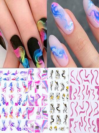 1 pieza Pegatina de uñas 3D con líneas de ola azul y dorada, diseño de mármol geométrico abstracto, tiras metálicas, decoraciones de arte de uñas, calcomanías y láminas para manicura