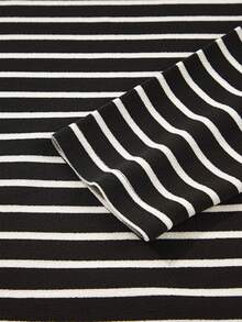 Acelitt Women's Brown Striped Print Ribbed Crew Neck Long Sleeve All-Match T-Shirt, Versatile For Autumn/Winter - Black - View 7