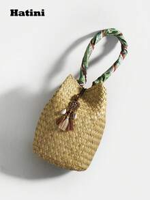 1pc Bohemian Style, Fashionable Tassel Woven Bag, Casual Vacation Beach Tote, Outdoor Picnic Party Handbag, Suitable For Women Office, Commute, Date, Shopping, Leisure, Vacation, Beach, Music Festival, Party, Wedding, School (Natural Straw Color May Have Slight Variations) , Beach Bag , Summer , Green, Boho - 綠色 - 查看 8