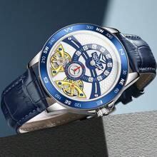 Reloj de hombre ONOLA de diseño de lujo casual con caja dorada, correa de cuero marrón, reloj mecánico de esqueleto de marca de lujo con doble rueda volante en el dial